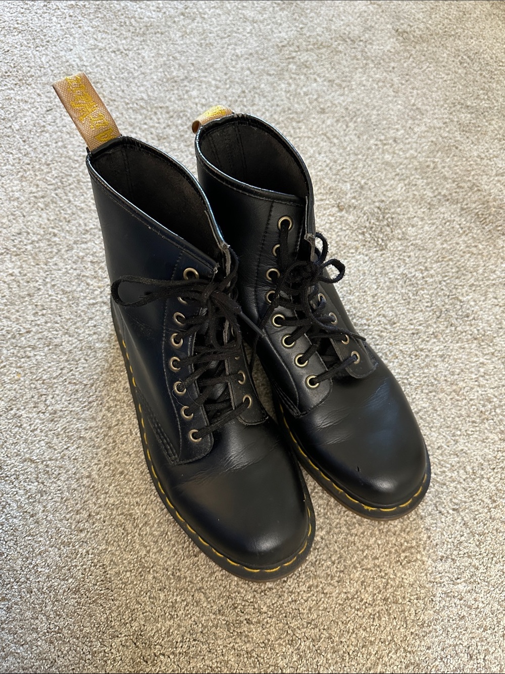 Men’s Dr. Martens Black Leather 8-Eye Lace-Up Boots with Yellow Stitching